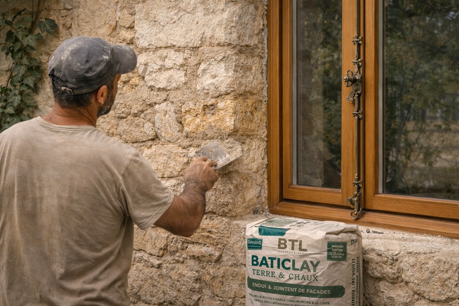 Artisan posant un enduit chaux naturel sur mur en pierre